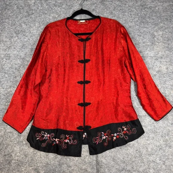 Asian Inspired 100% Silk Red Top Embroidered Hem XXL Festival Lightweight Chic - Picture 2 of 16